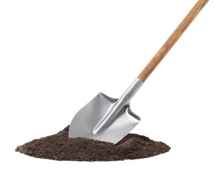 Photo of Metal shovel with wooden handle and pile of soil isolated on white