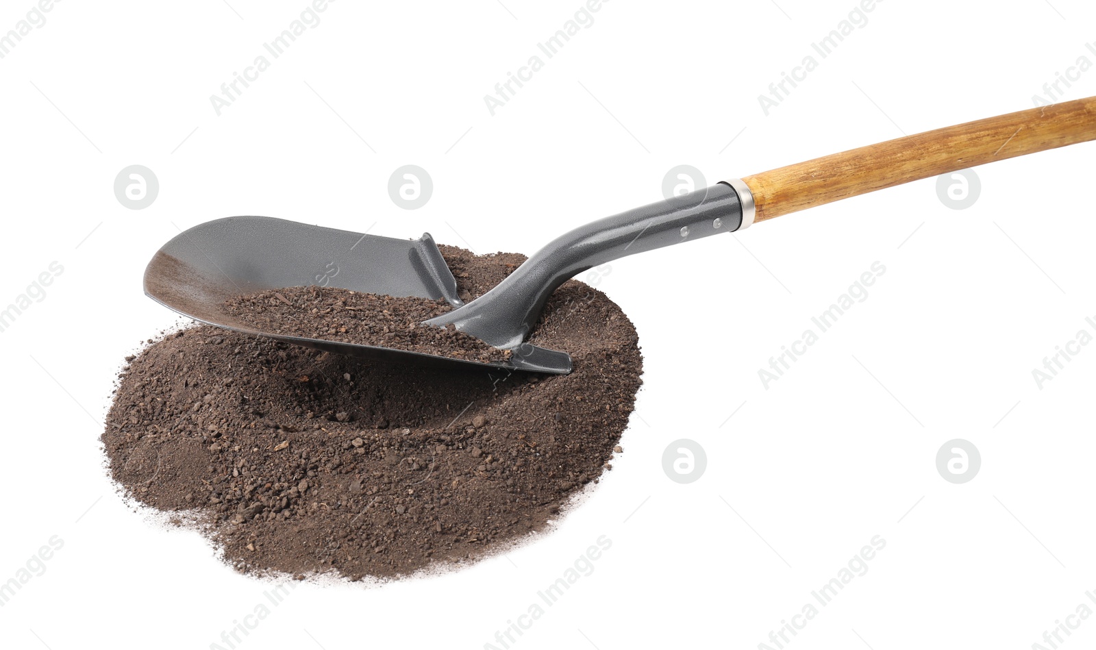 Photo of Metal shovel with wooden handle and pile of soil isolated on white