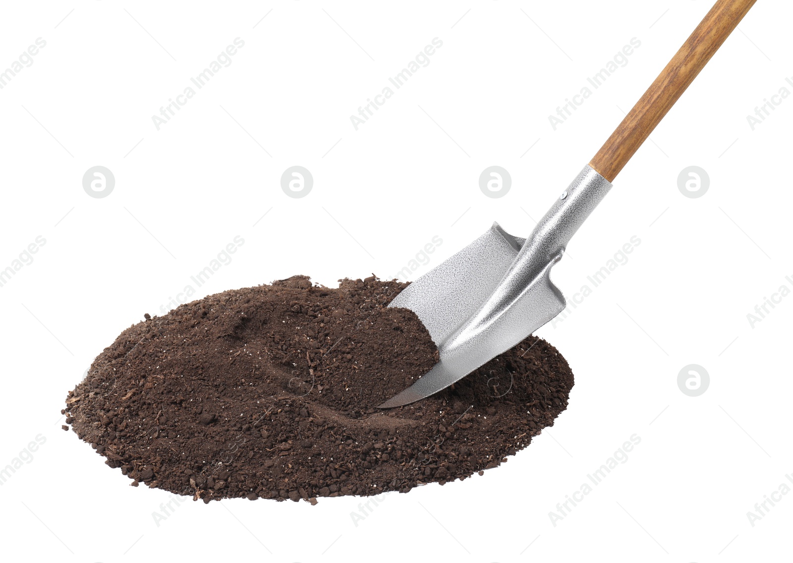 Photo of Metal shovel with wooden handle and pile of soil isolated on white