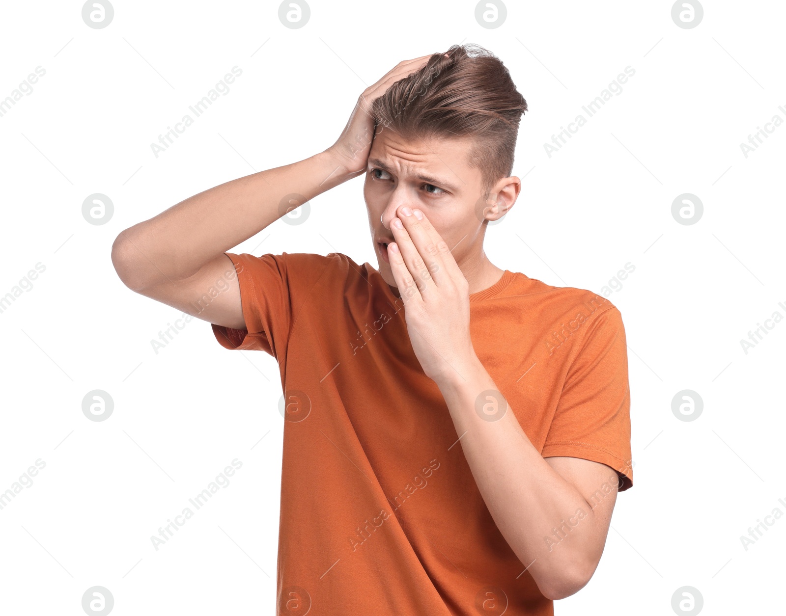 Photo of Young man suffering from sinusitis on white background