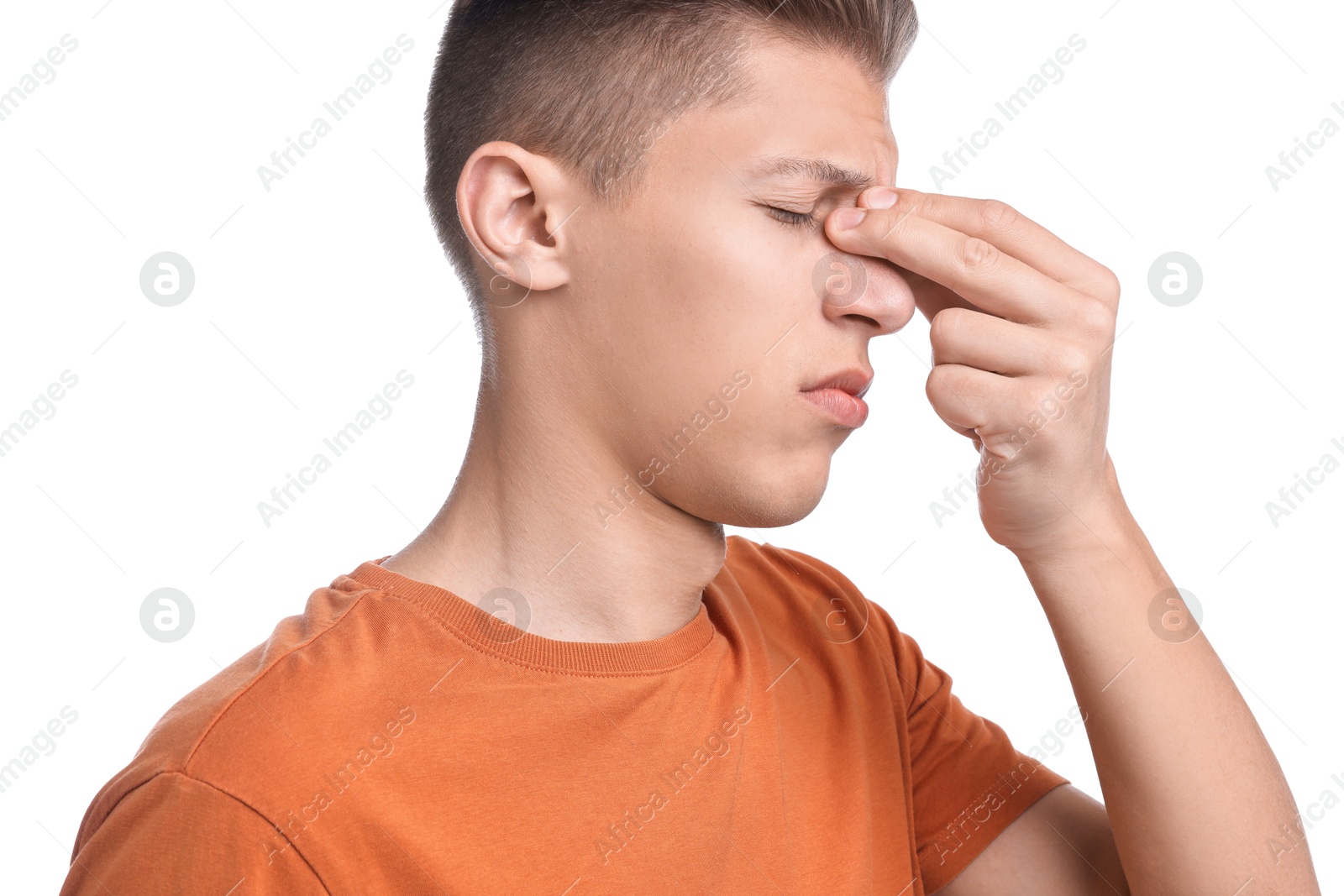 Photo of Young man suffering from sinusitis on white background