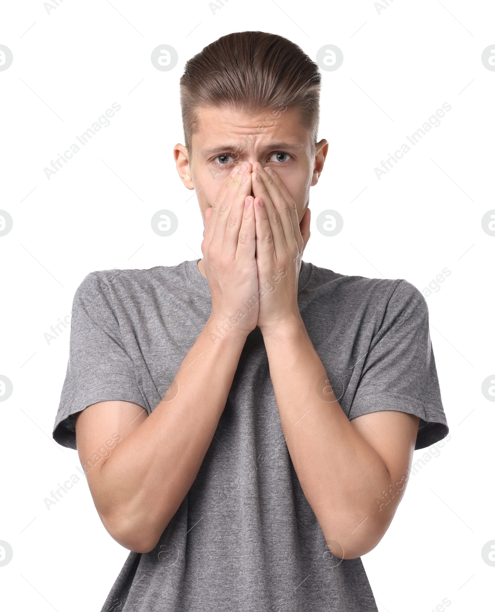 Photo of Young man suffering from sinusitis on white background