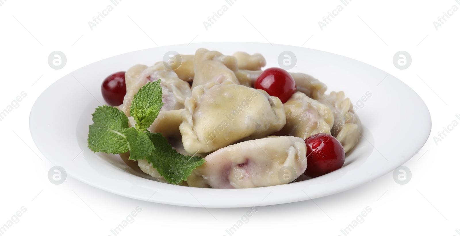 Photo of Traditional Ukrainian dumplings (varenyky) with cherries isolated on white