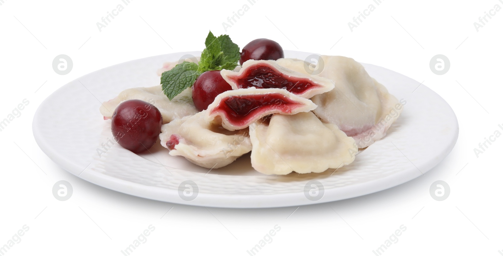 Photo of Traditional Ukrainian dumplings (varenyky) with cherries isolated on white