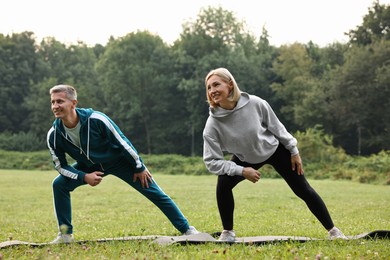 Happy couple doing exercises in park. Healthy lifestyle