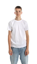 Photo of Teenage boy wearing t-shirt on white background