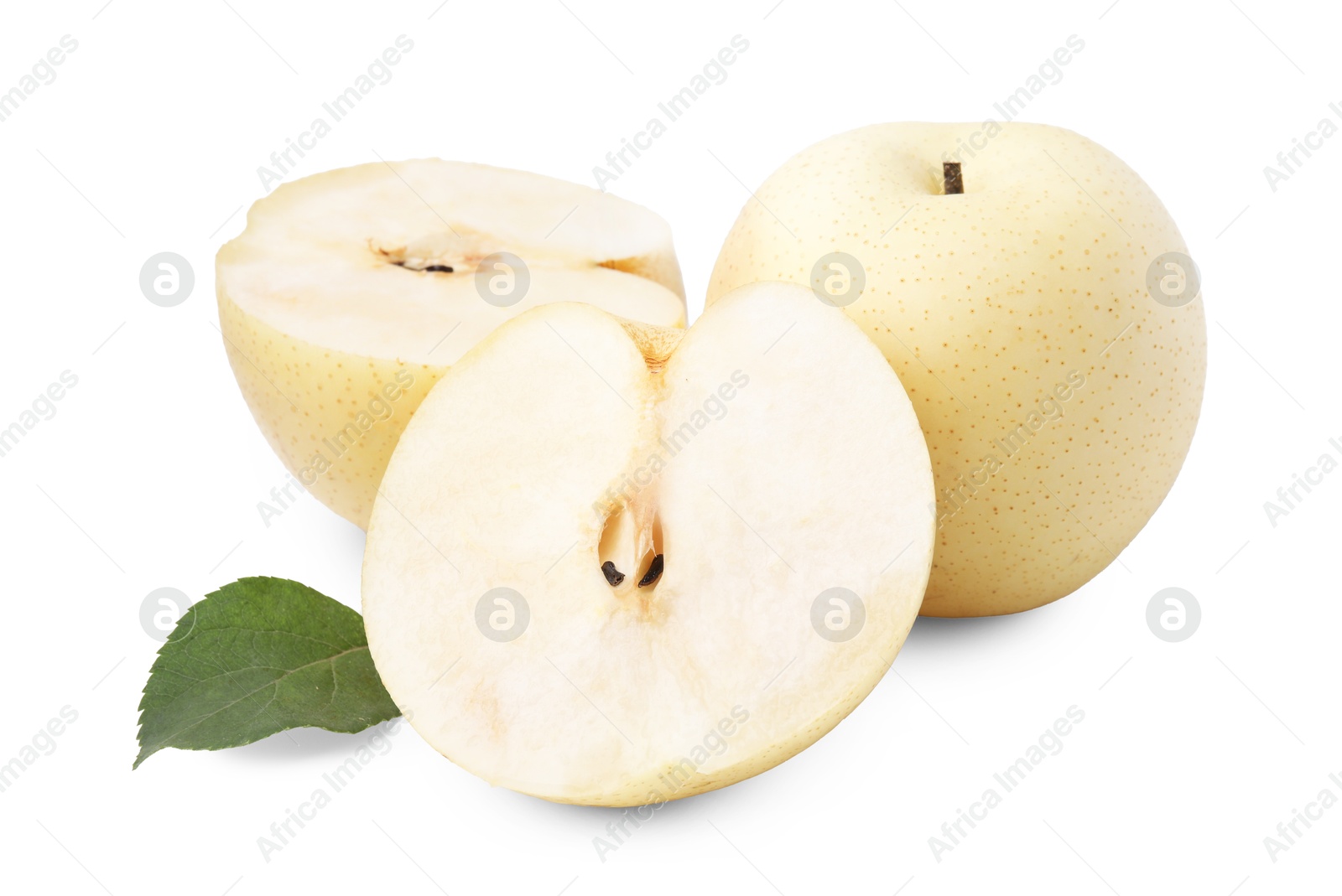 Photo of Fresh apple pears and green leaf isolated on white