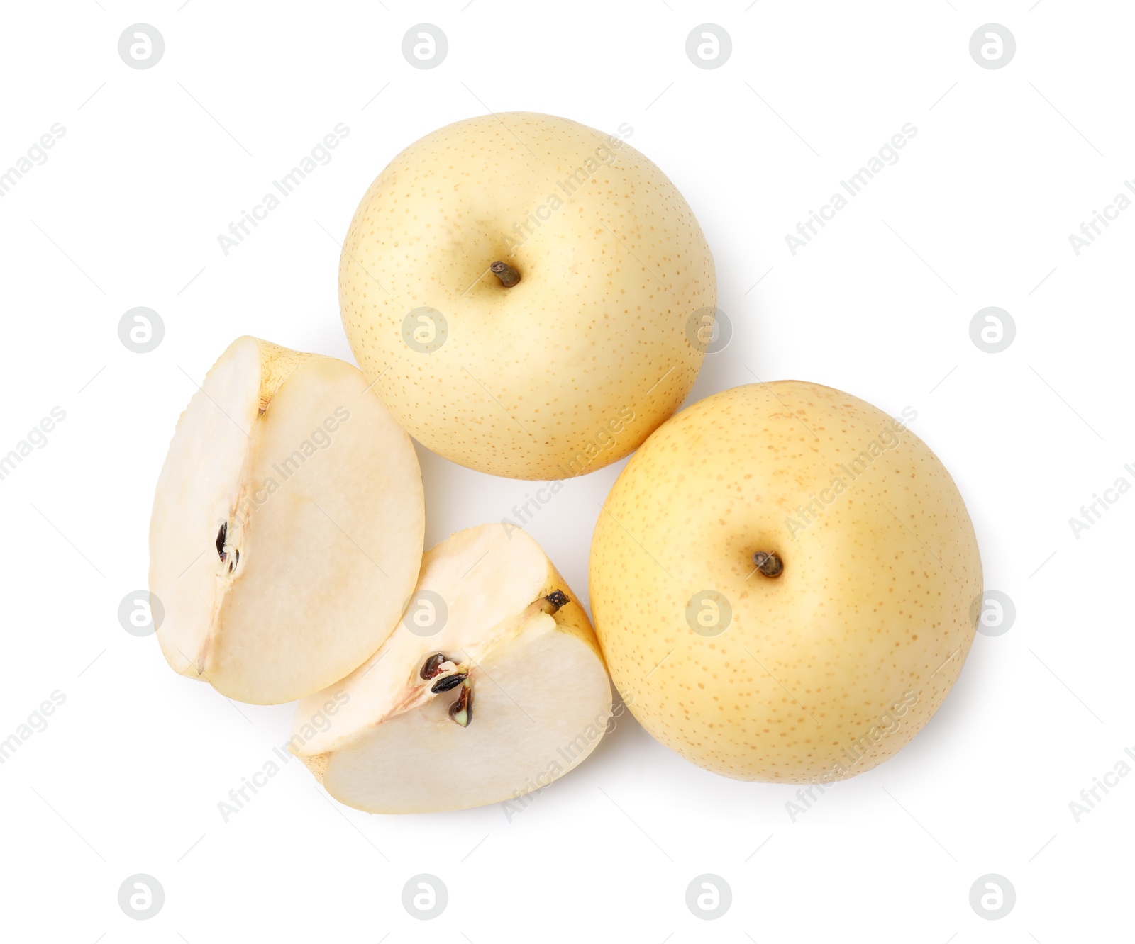 Photo of Whole and cut fresh apple pears isolated on white, top view