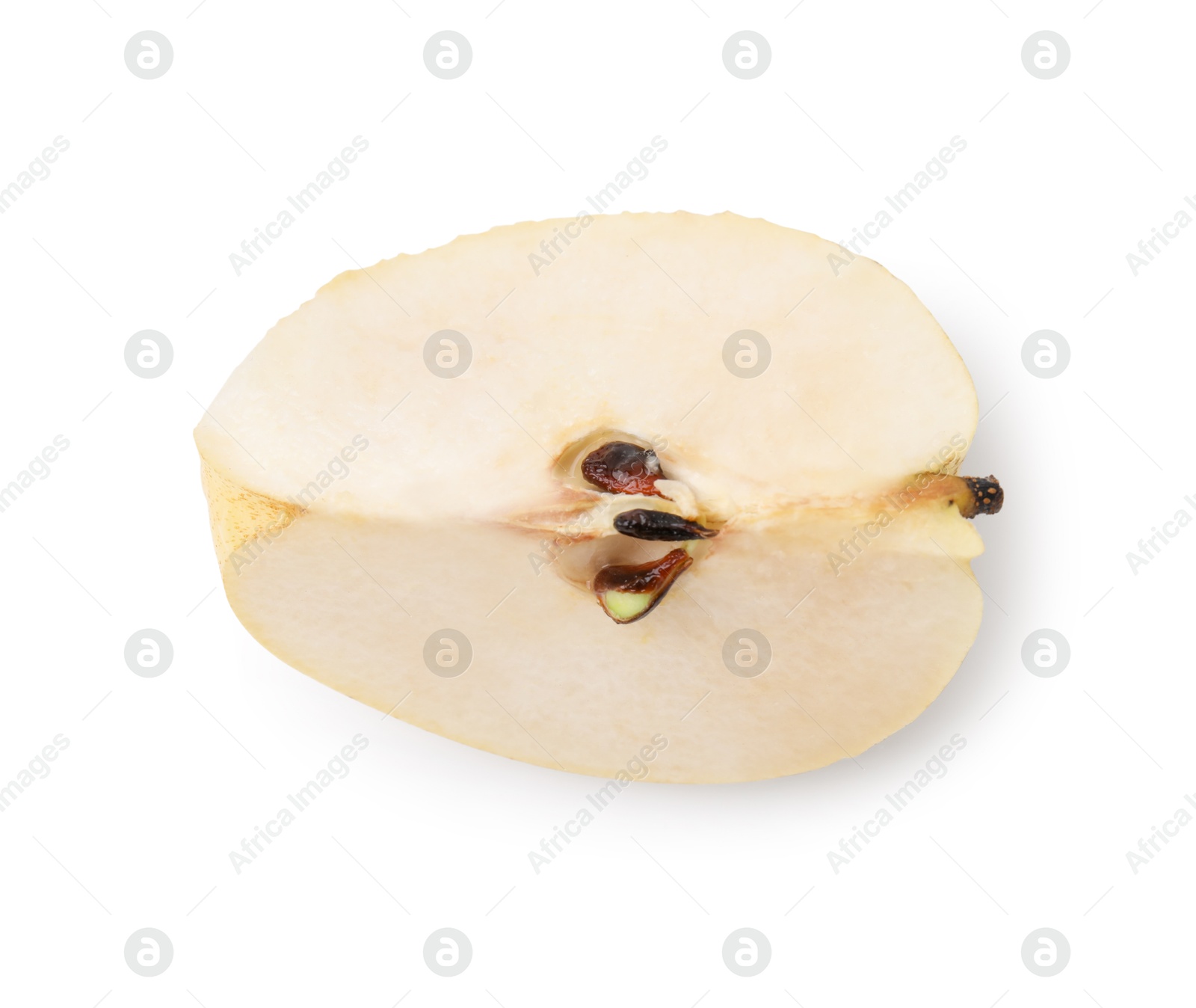 Photo of Cut fresh apple pear isolated on white, top view