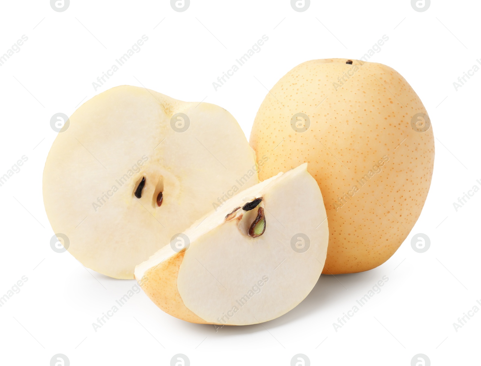 Photo of Whole and cut fresh apple pears isolated on white