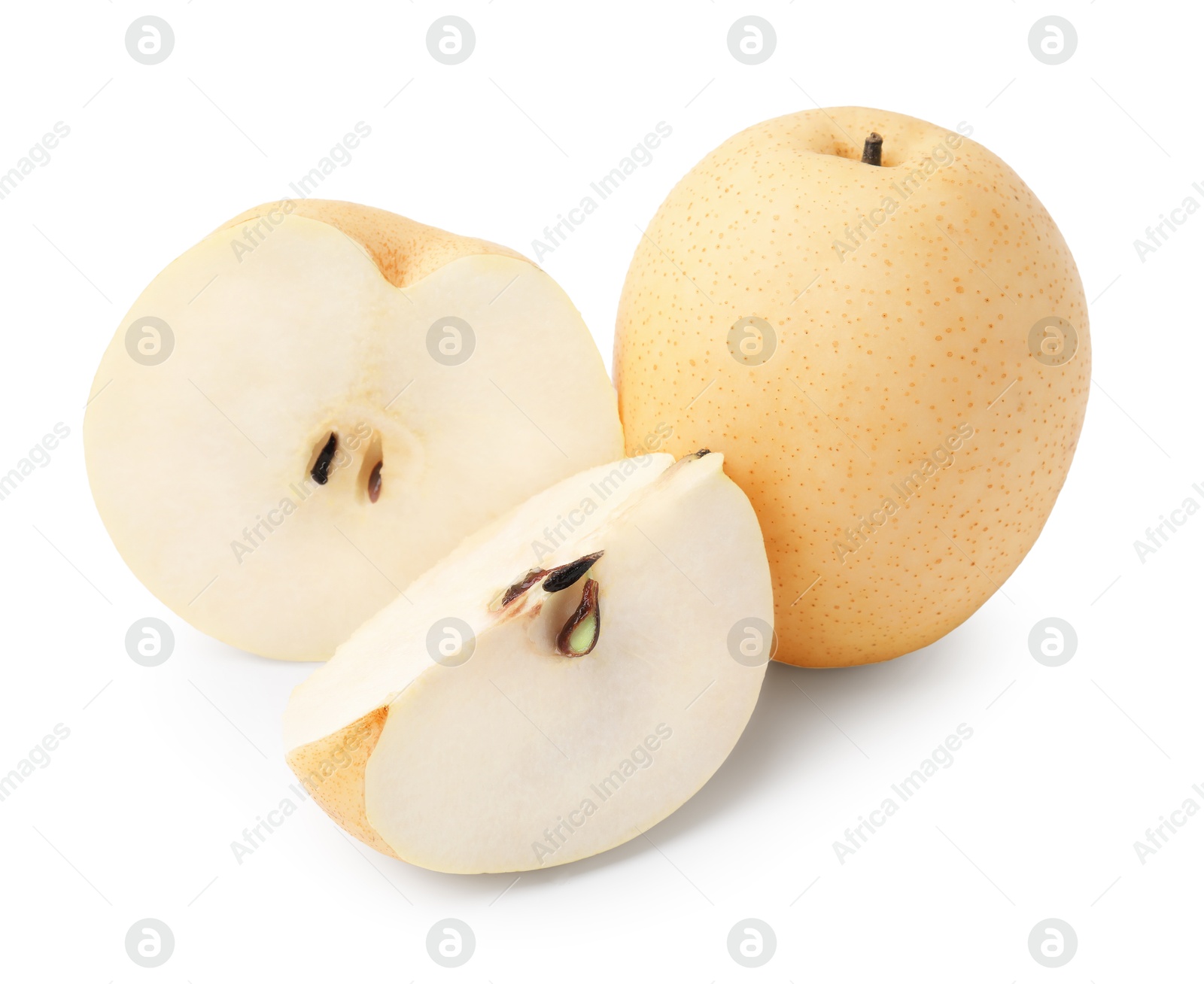 Photo of Whole and cut fresh apple pears isolated on white