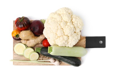 Photo of Cooking tasty stew. Different vegetables isolated on white, top view