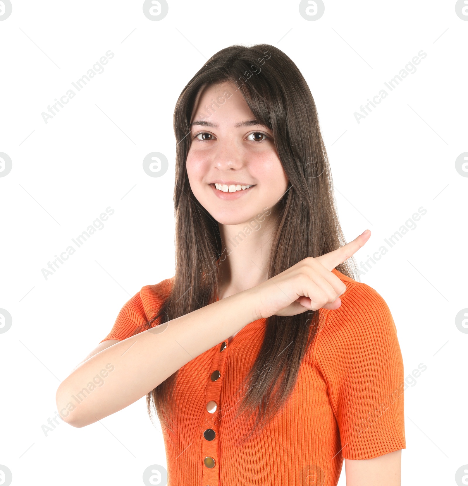 Photo of Portrait of smiling teenage girl on white background