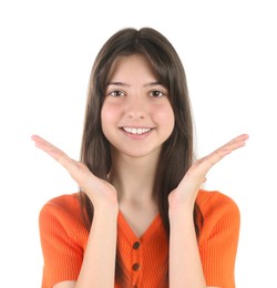 Photo of Portrait of smiling teenage girl on white background