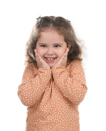 Photo of Portrait of smiling girl on white background. Adorable child