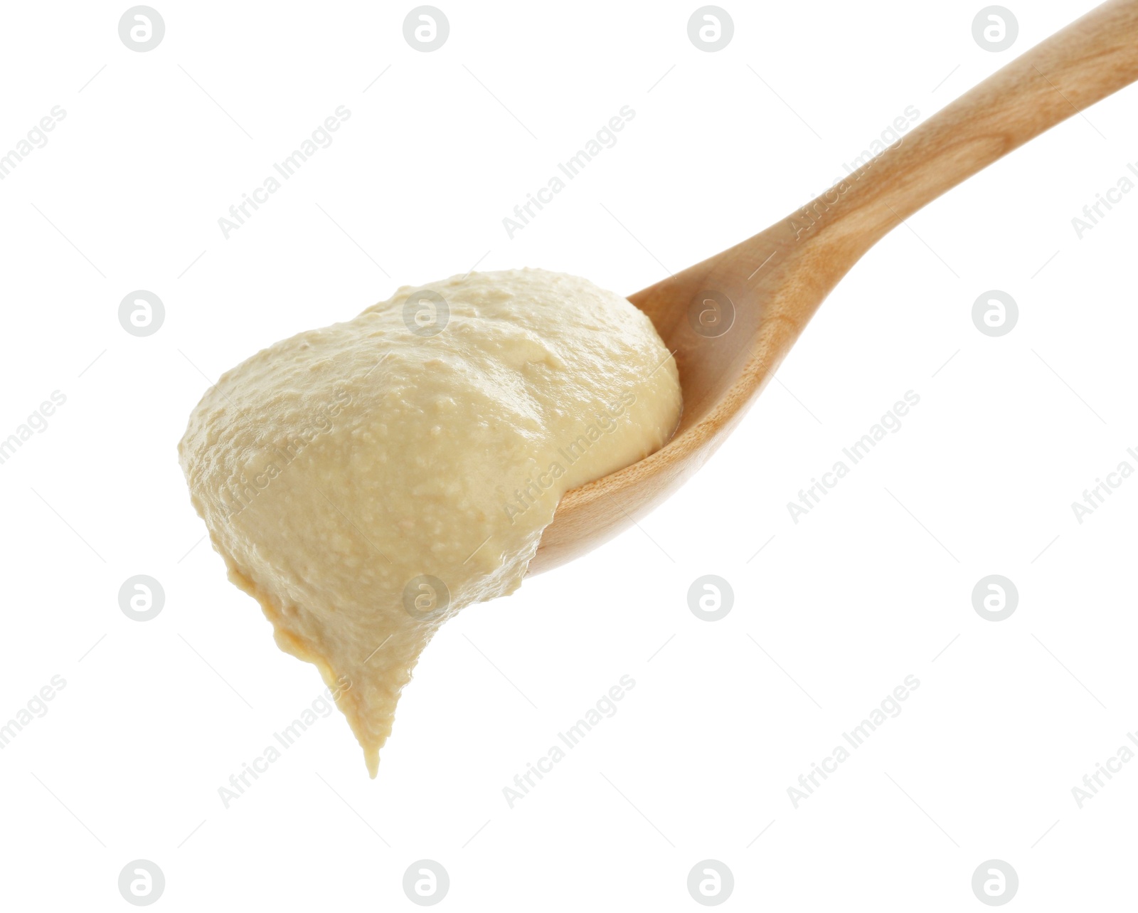 Photo of Spoon with delicious hummus isolated on white