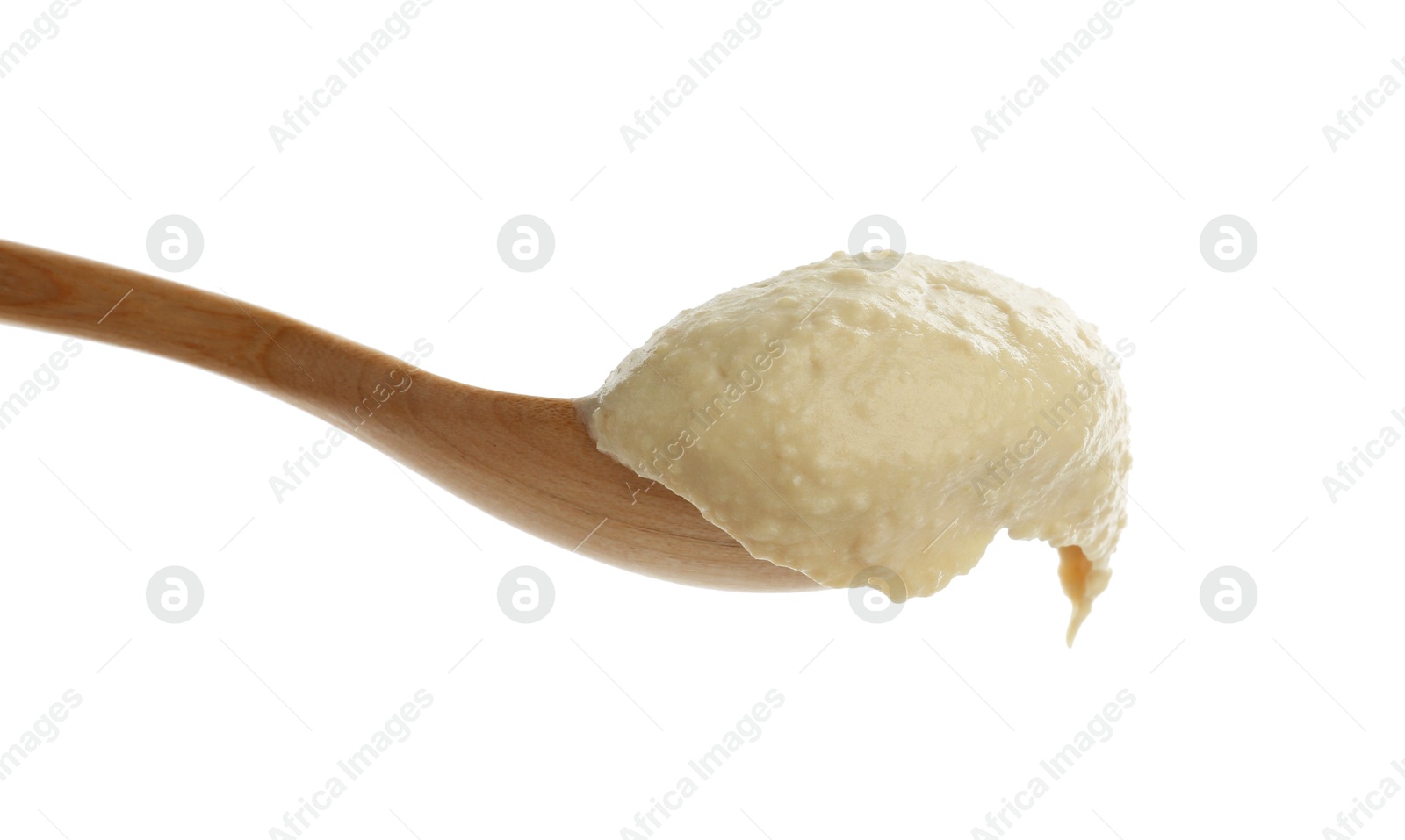 Photo of Spoon with delicious hummus isolated on white