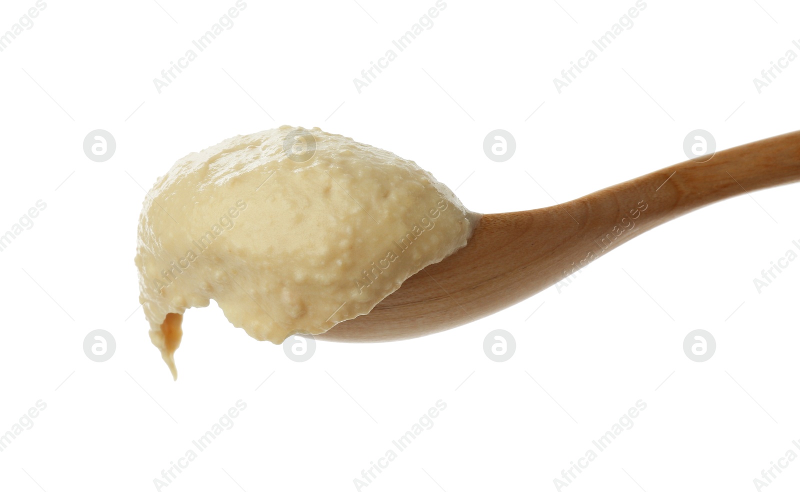 Photo of Spoon with delicious hummus isolated on white