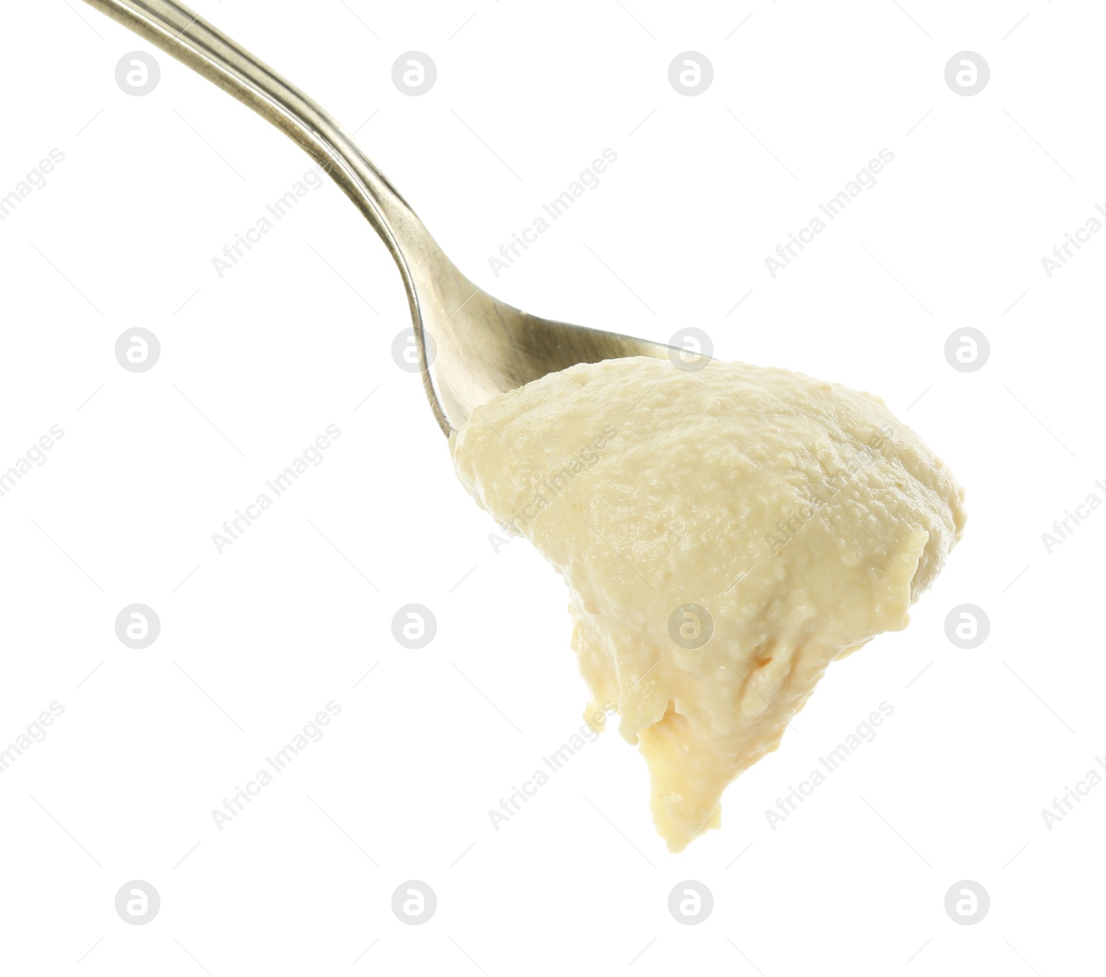 Photo of Spoon with delicious hummus isolated on white