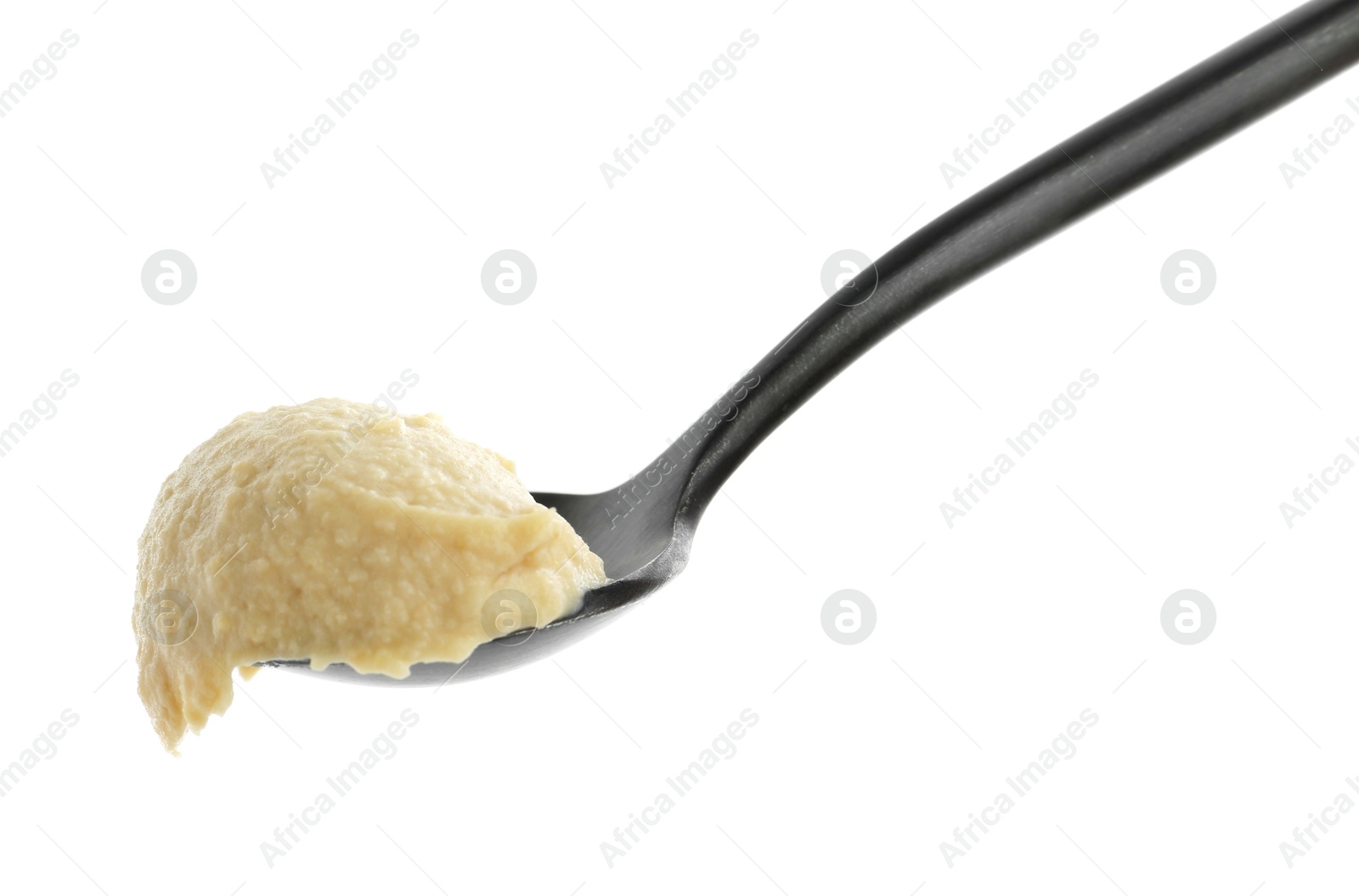 Photo of Spoon with delicious hummus isolated on white