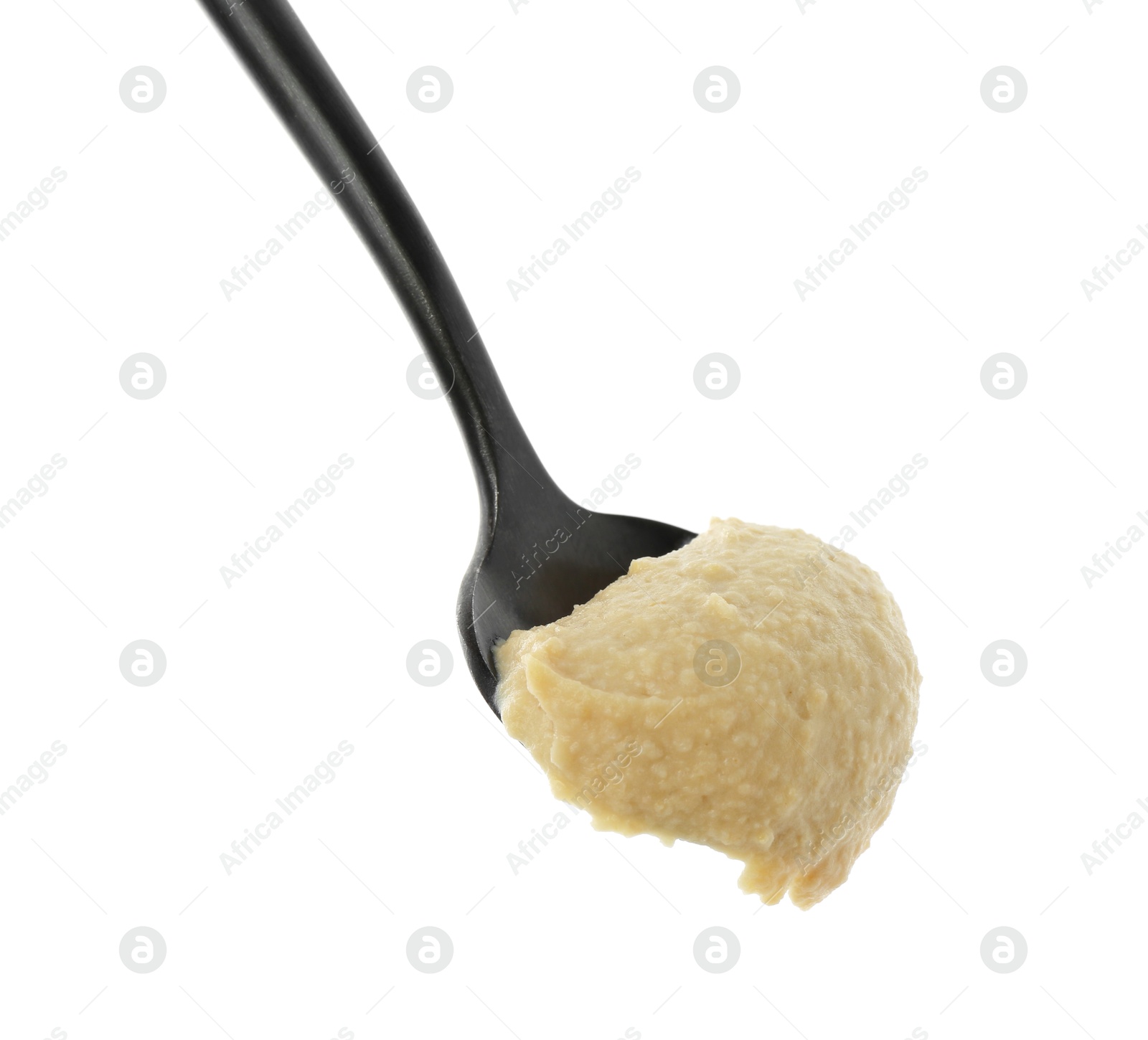 Photo of Spoon with delicious hummus isolated on white