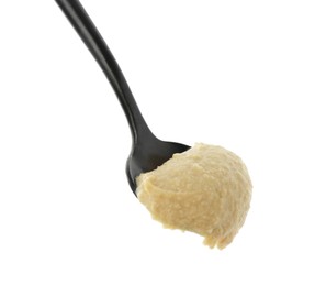 Photo of Spoon with delicious hummus isolated on white