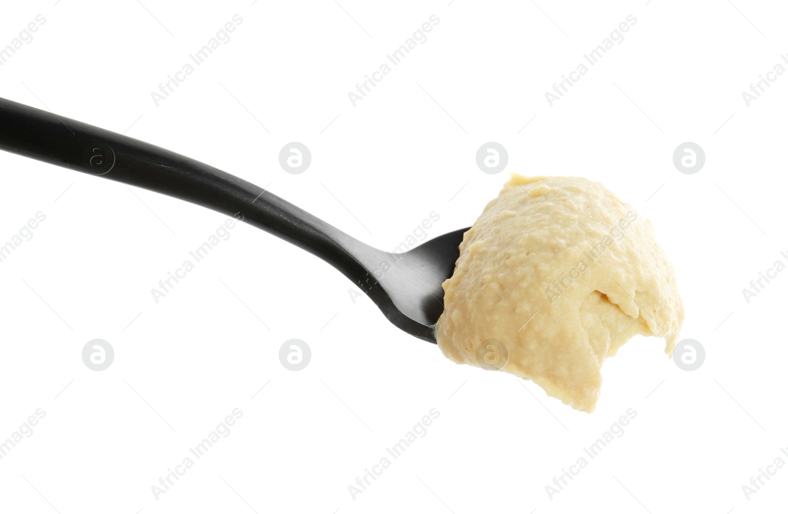 Photo of Spoon with delicious hummus isolated on white