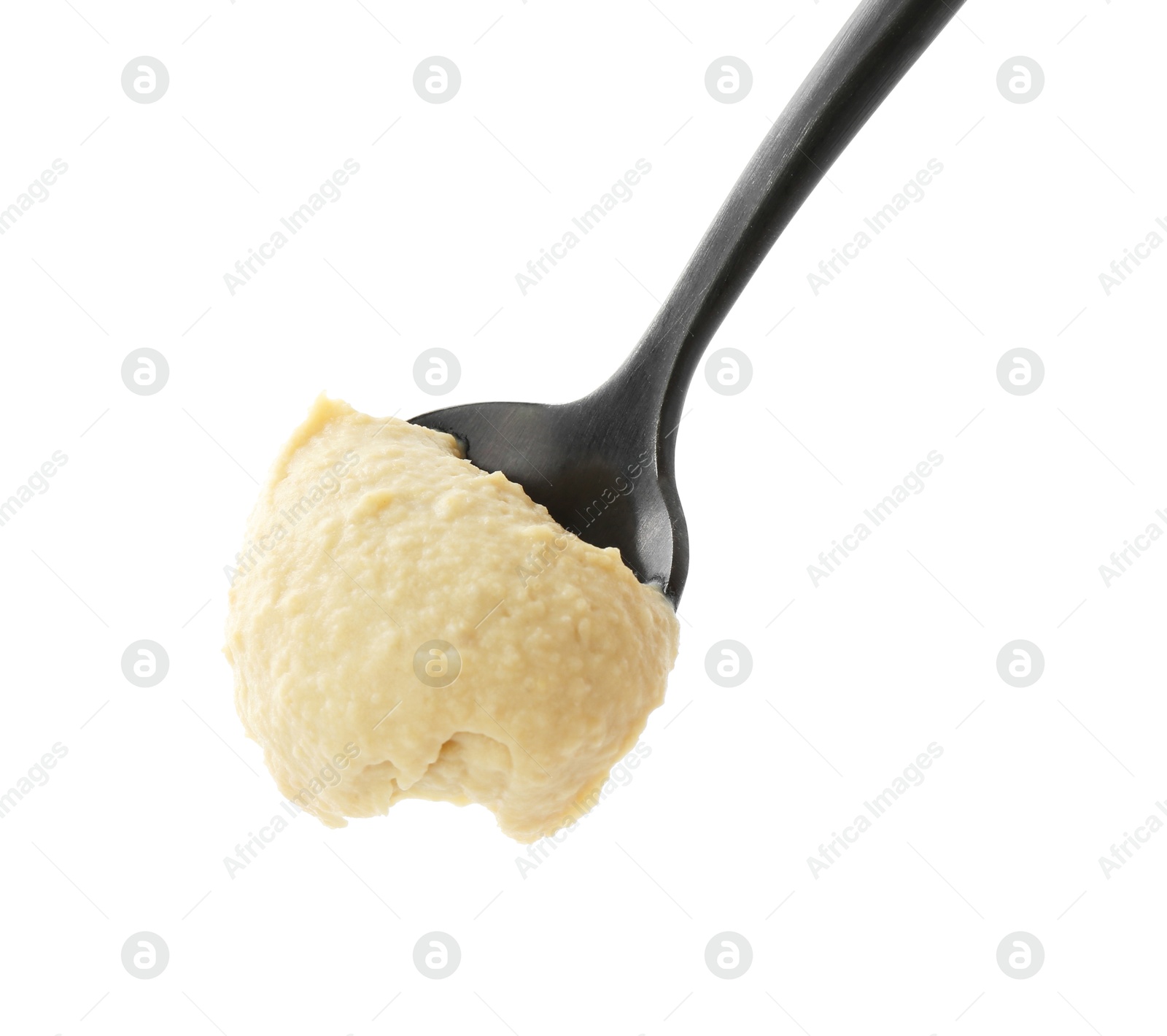 Photo of Spoon with delicious hummus isolated on white