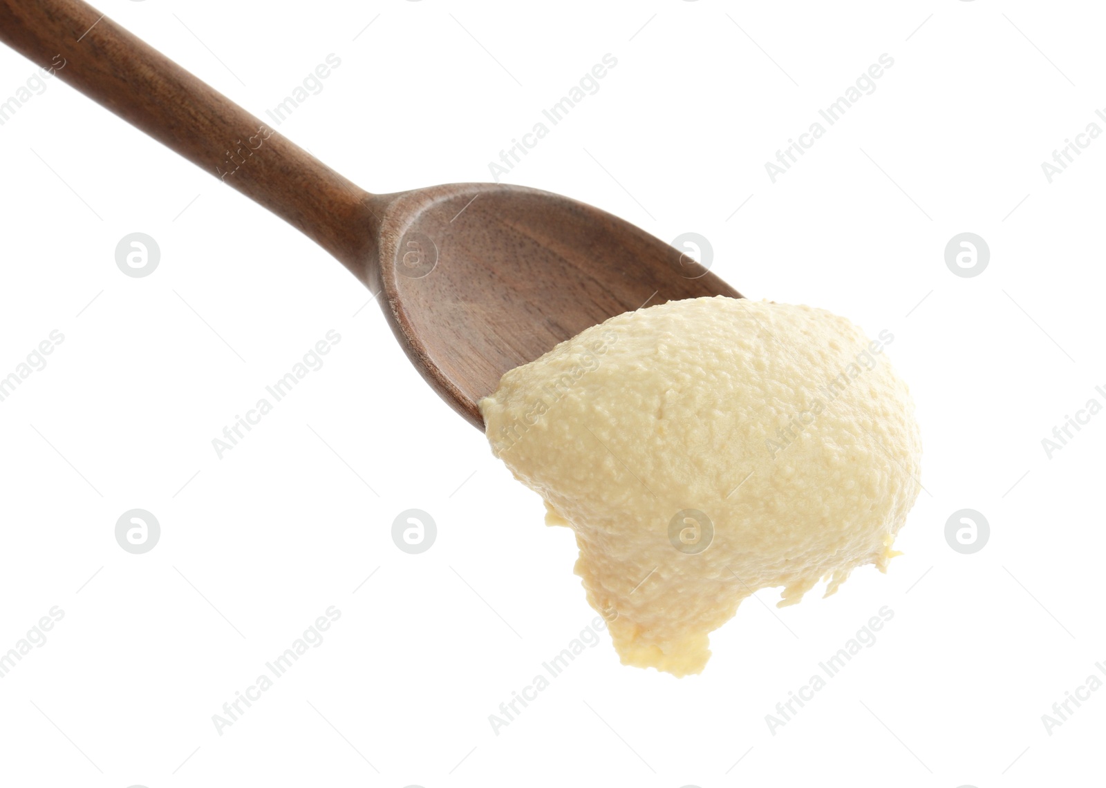 Photo of Spoon with delicious hummus isolated on white