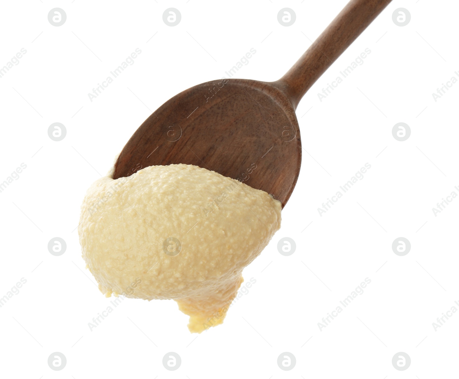 Photo of Spoon with delicious hummus isolated on white