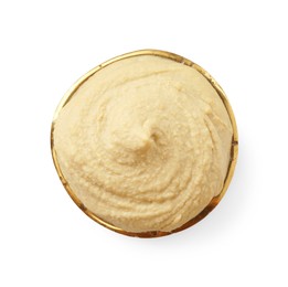 Photo of Delicious hummus in bowl isolated on white, top view