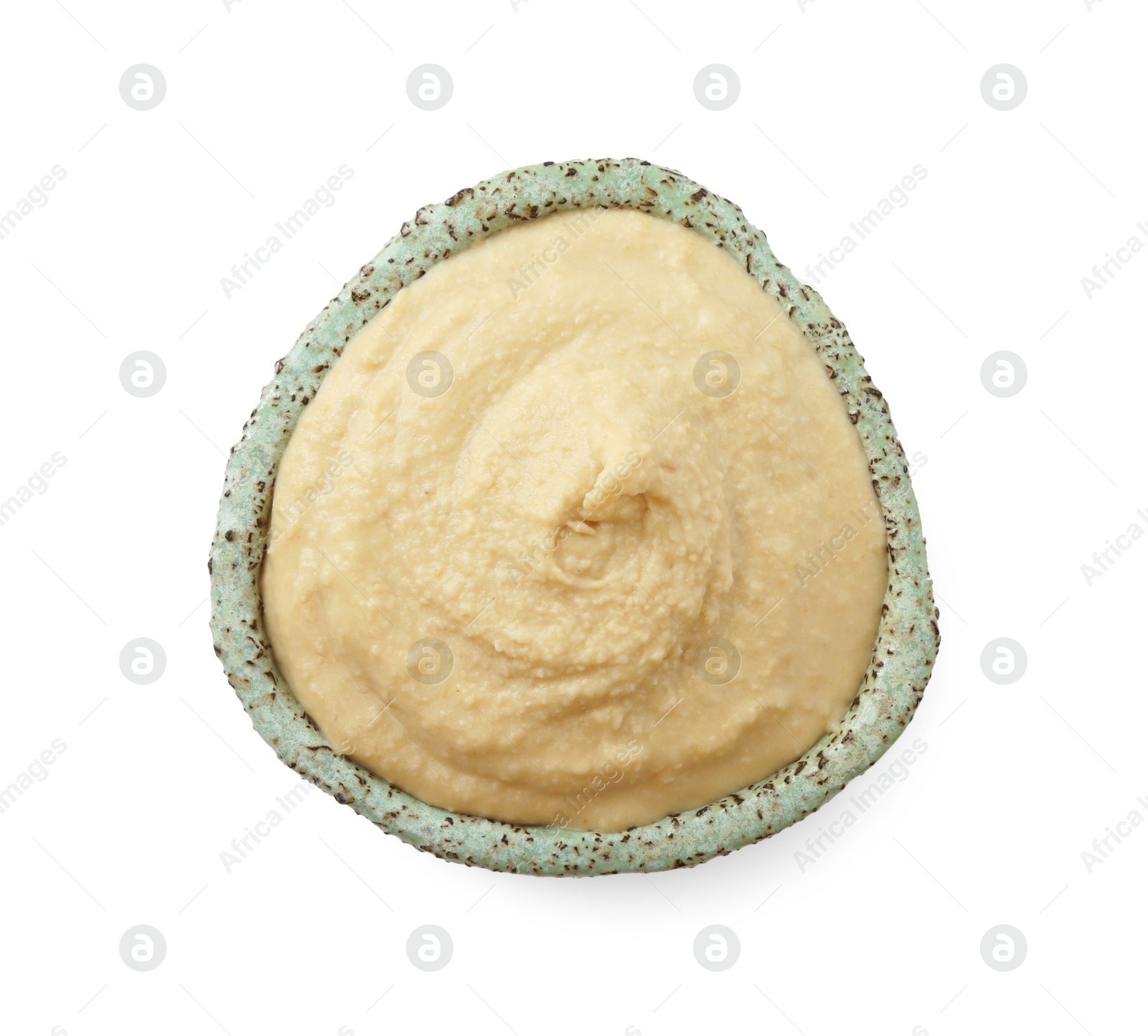 Photo of Delicious hummus in bowl isolated on white, top view