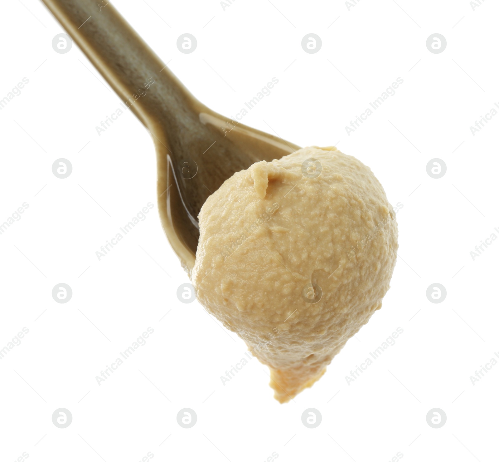 Photo of Spoon with delicious hummus isolated on white