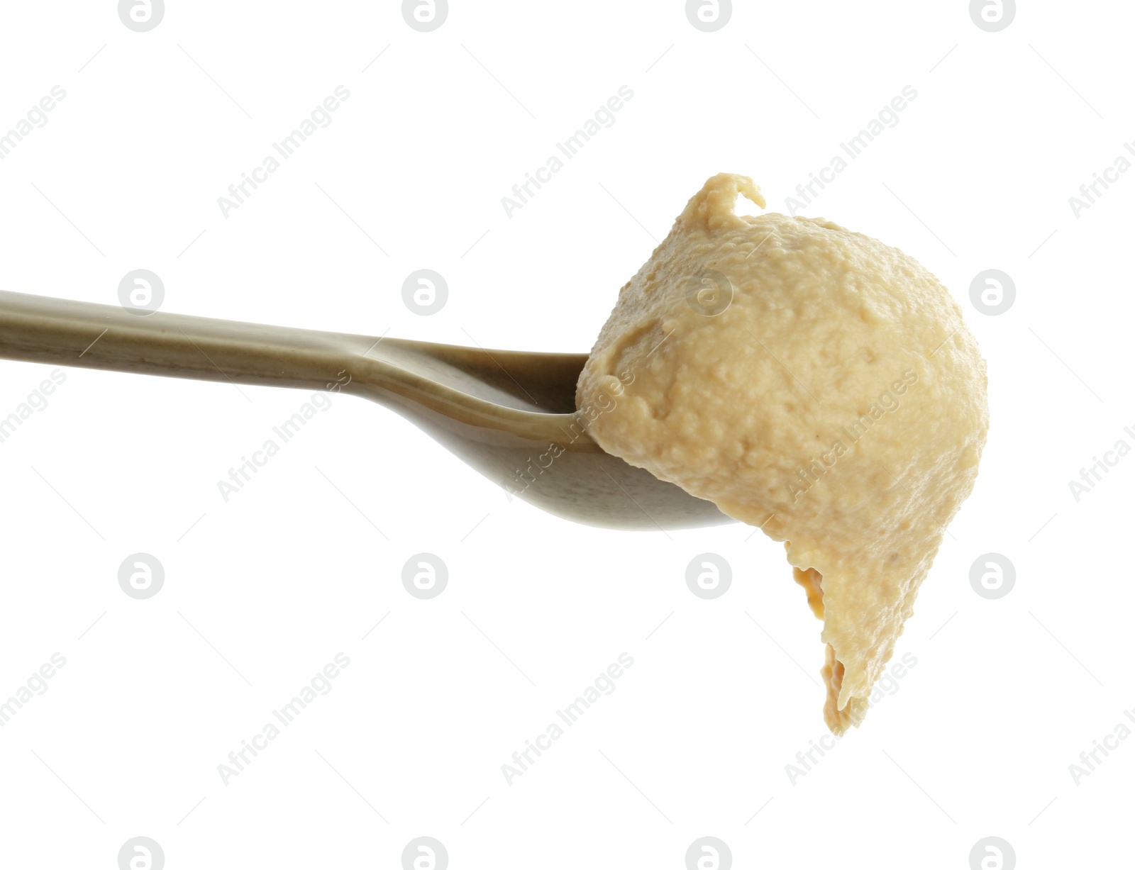 Photo of Spoon with delicious hummus isolated on white