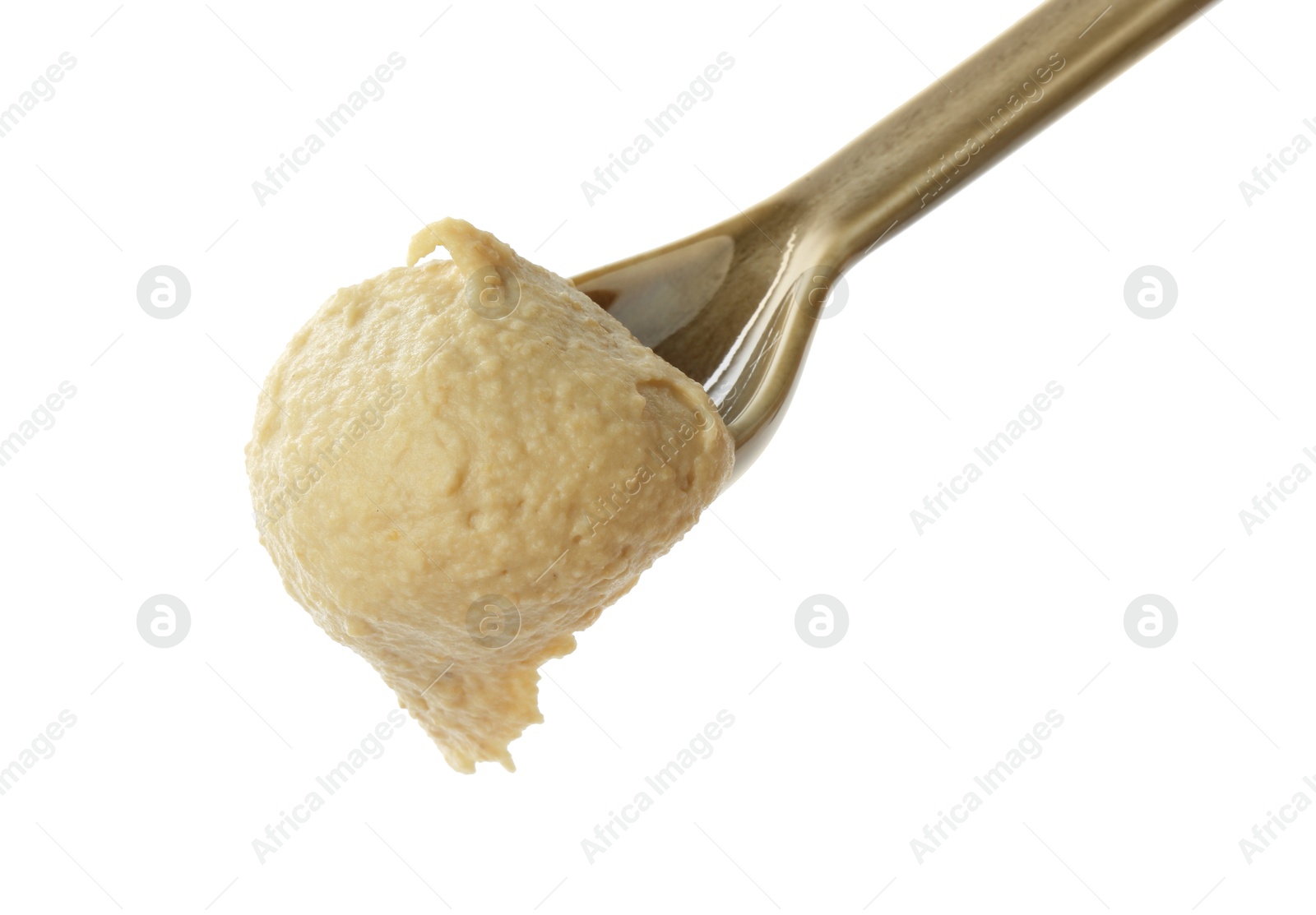 Photo of Spoon with delicious hummus isolated on white