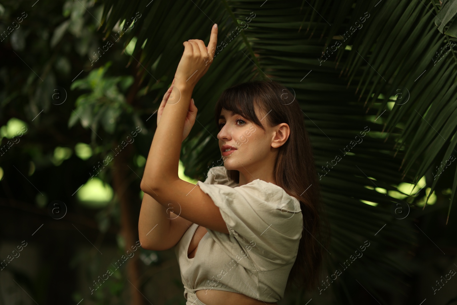 Photo of Portrait of beautiful woman posing in tropical forest