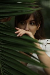 Photo of Portrait of beautiful woman with palm tree leaf outdoors