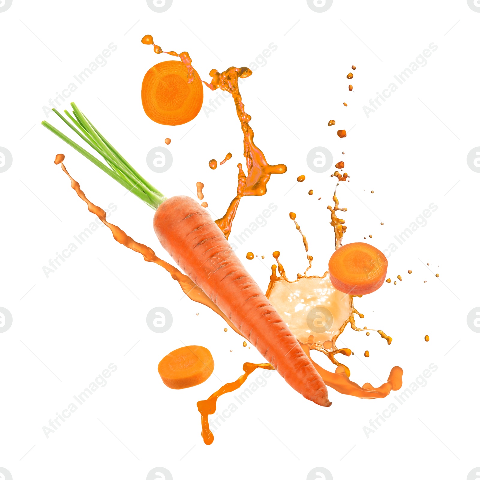 Image of Juice splashes and fresh carrots in air on white background