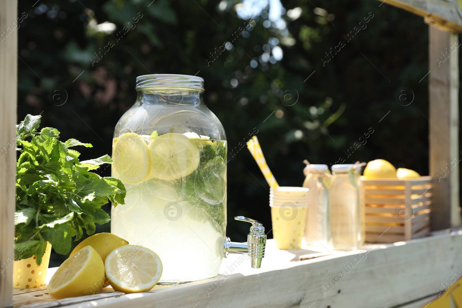 Photo of Lemonade stand with refreshing drink, fresh fruits and mint in park