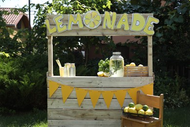 Lemonade stand with refreshing drink, fruits and mint in park