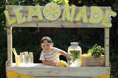 Photo of Cute little boy at lemonade stand in park