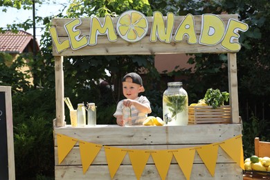 Photo of Cute little boy with refreshing drink at lemonade stand in park