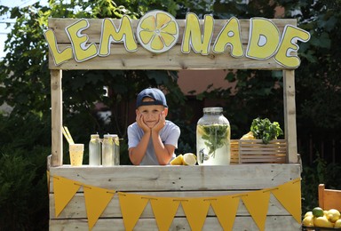 Cute little boy at lemonade stand in park