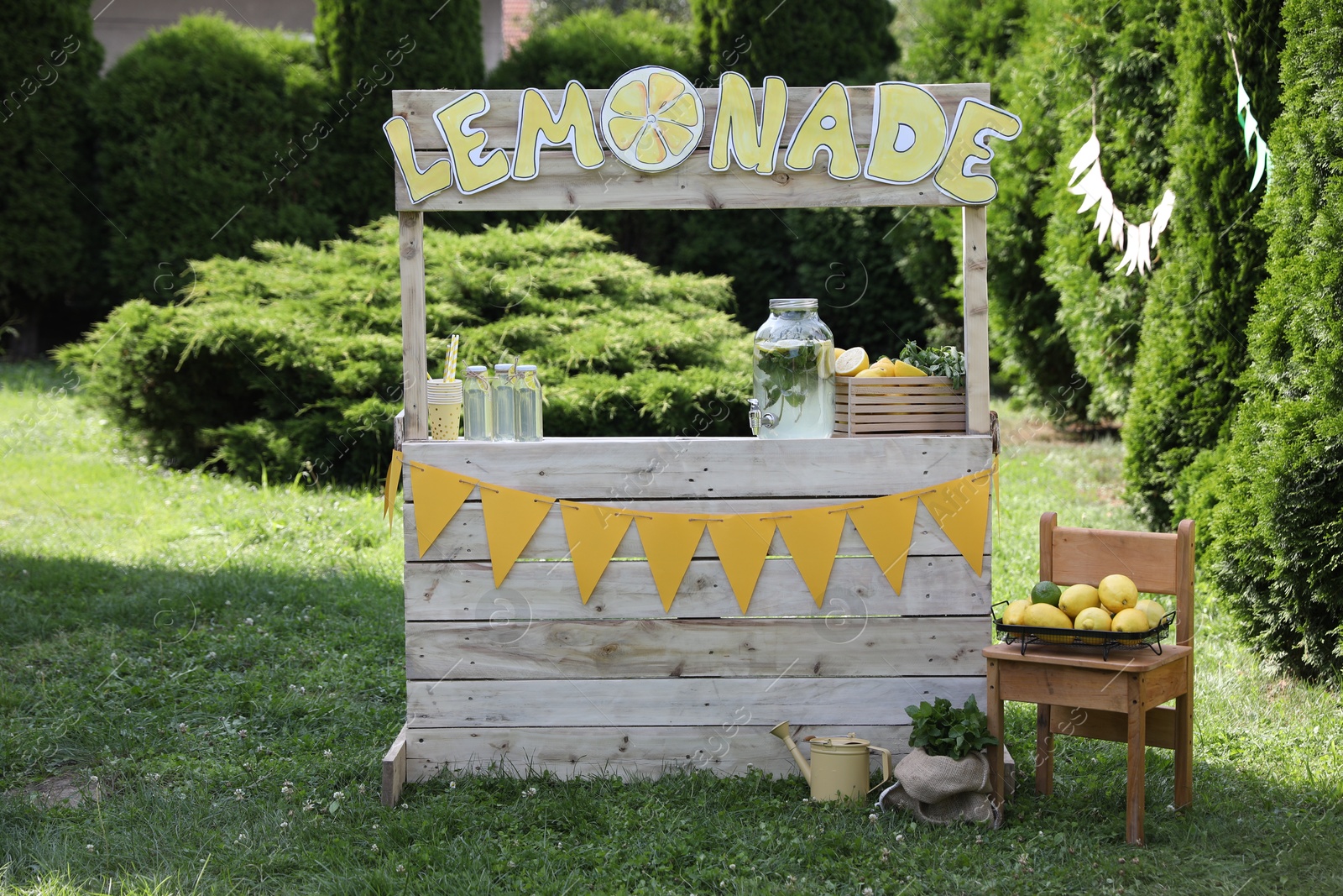 Photo of Lemonade stand with refreshing drink and fresh fruits in park