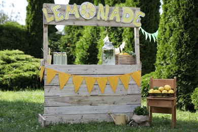 Lemonade stand with refreshing drink and fresh fruits in park