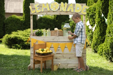 Cute boy pouring refreshing lemonade into paper cup in park