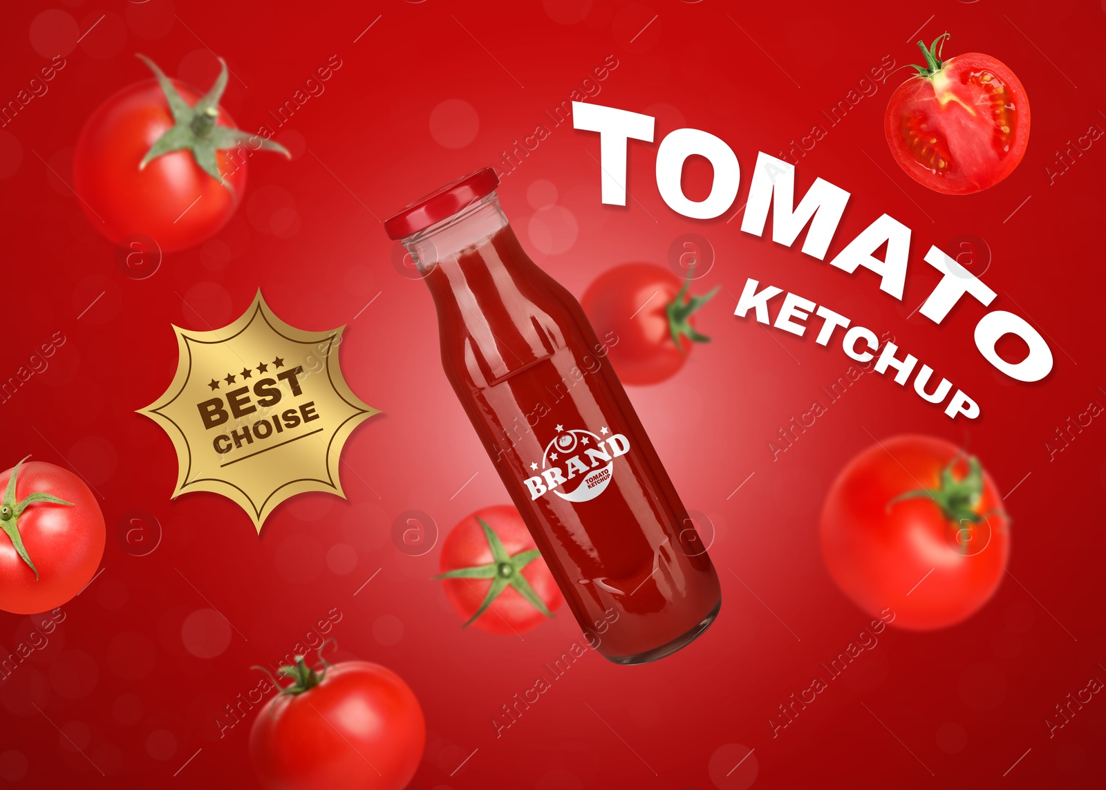 Image of Ketchup advertising poster. Bottle of sauce and tomatoes in air on red background