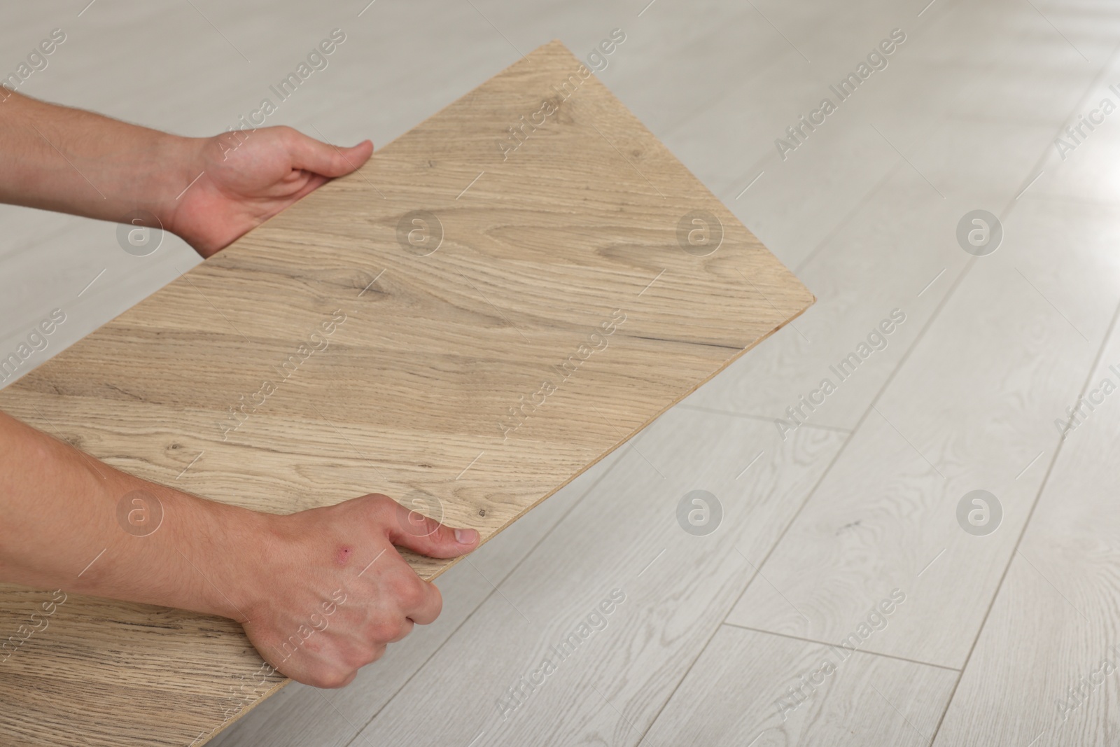 Photo of Man with sample of wooden flooring, closeup