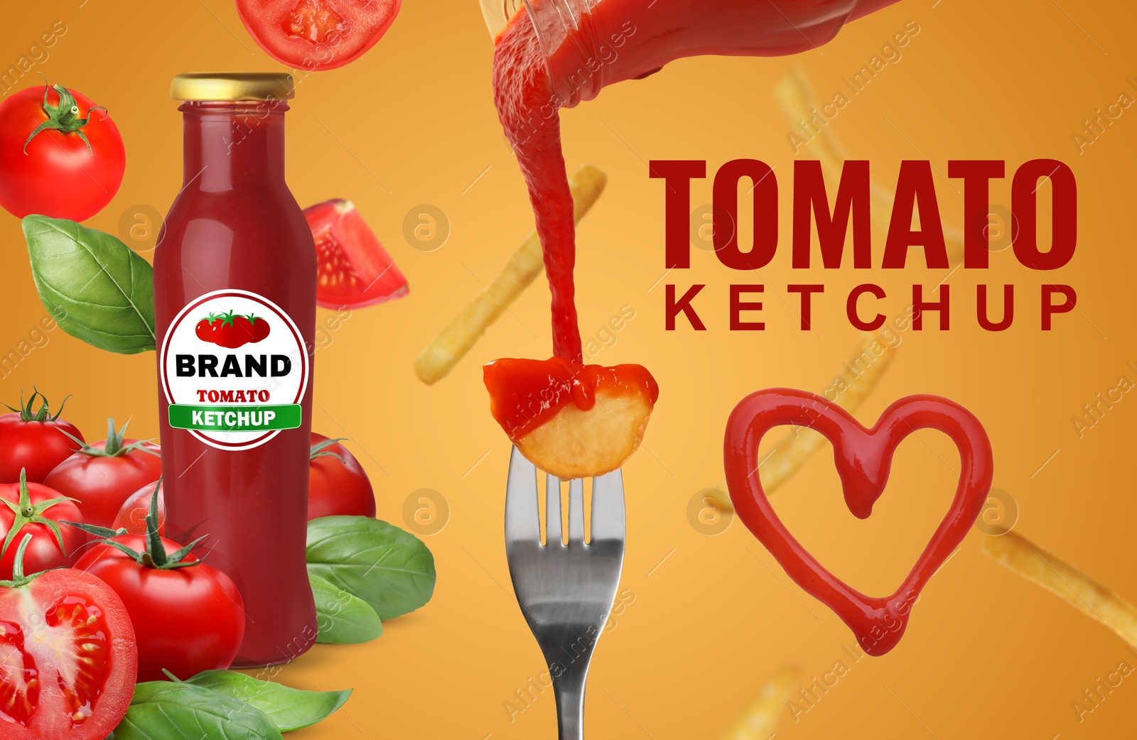 Image of Ketchup advertising poster. Pouring sauce onto baked potato, bottle and tomatoes on orange background