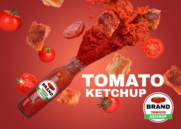 Image of Ketchup advertising poster. Sauce bursting out of bottle among falling meat and tomatoes on red background